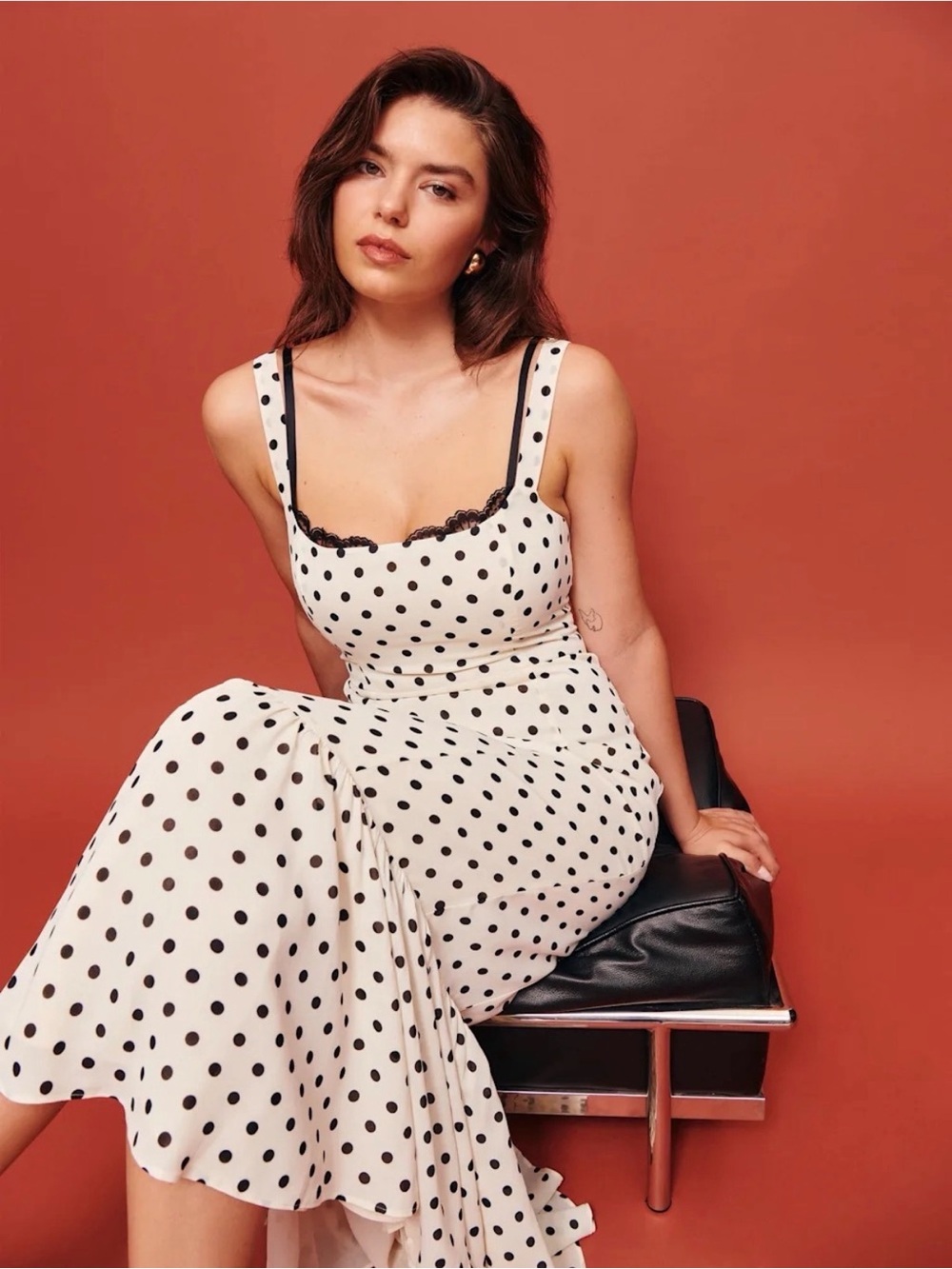 Reformation Irisa
Portofino Black and White/Cream Polka
Dot Midi Dress Size 6